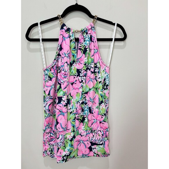 Lilly Pulitzer Bowen Top High Tide Navy XS Gold Chain Halter Pink Tropical Flora - Picture 3 of 9